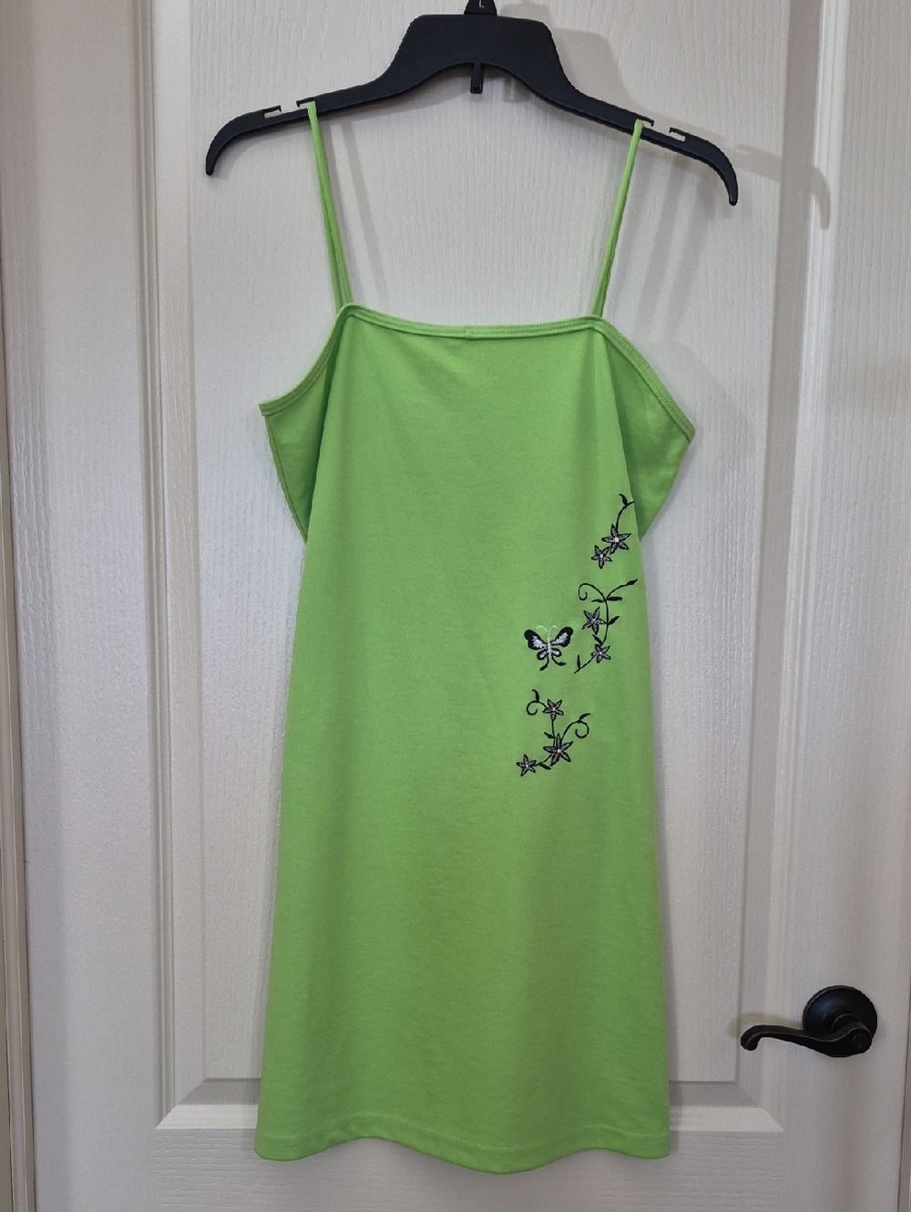 Vintage 90s Neon Green Spaghetti Strap Dress with Butterfly Accent